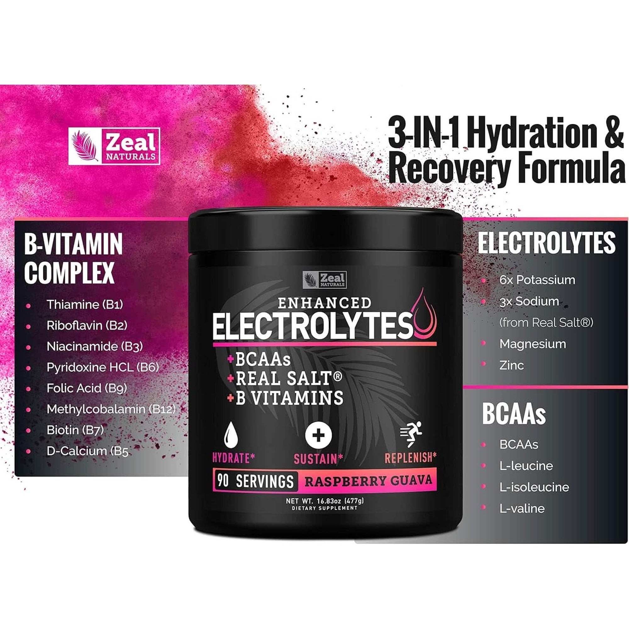 Enhanced Electrolyte Powder (Raspberry Guava 90Ct) Sugar Free + BCAA, B-Vitamins & Real Salt® - Keto Electrolytes Drinks, Hydration Powder W Potassium, Sodium, Zinc, Magnesium for Hydration & Recovery