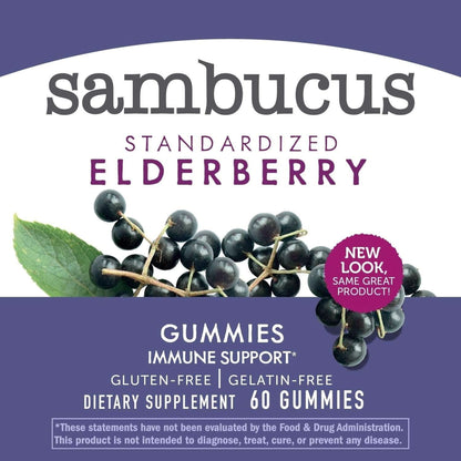 Nature’S Way Sambucus Elderberry Immune Gummies, Daily Immune Support for Kids and Adults*, with Vitamin C, Vitamin D3, Zinc, Gluten Free, Vegetarian, 60 Gummies (Packaging May Vary)