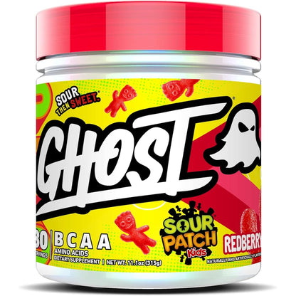 GHOST BCAA Powder Amino Acids Supplement, Sour Patch Kids Blue Raspberry - 30 Servings - Sugar-Free Intra, Post & Pre Workout Amino Powder & Recovery Drink, 7G BCAA