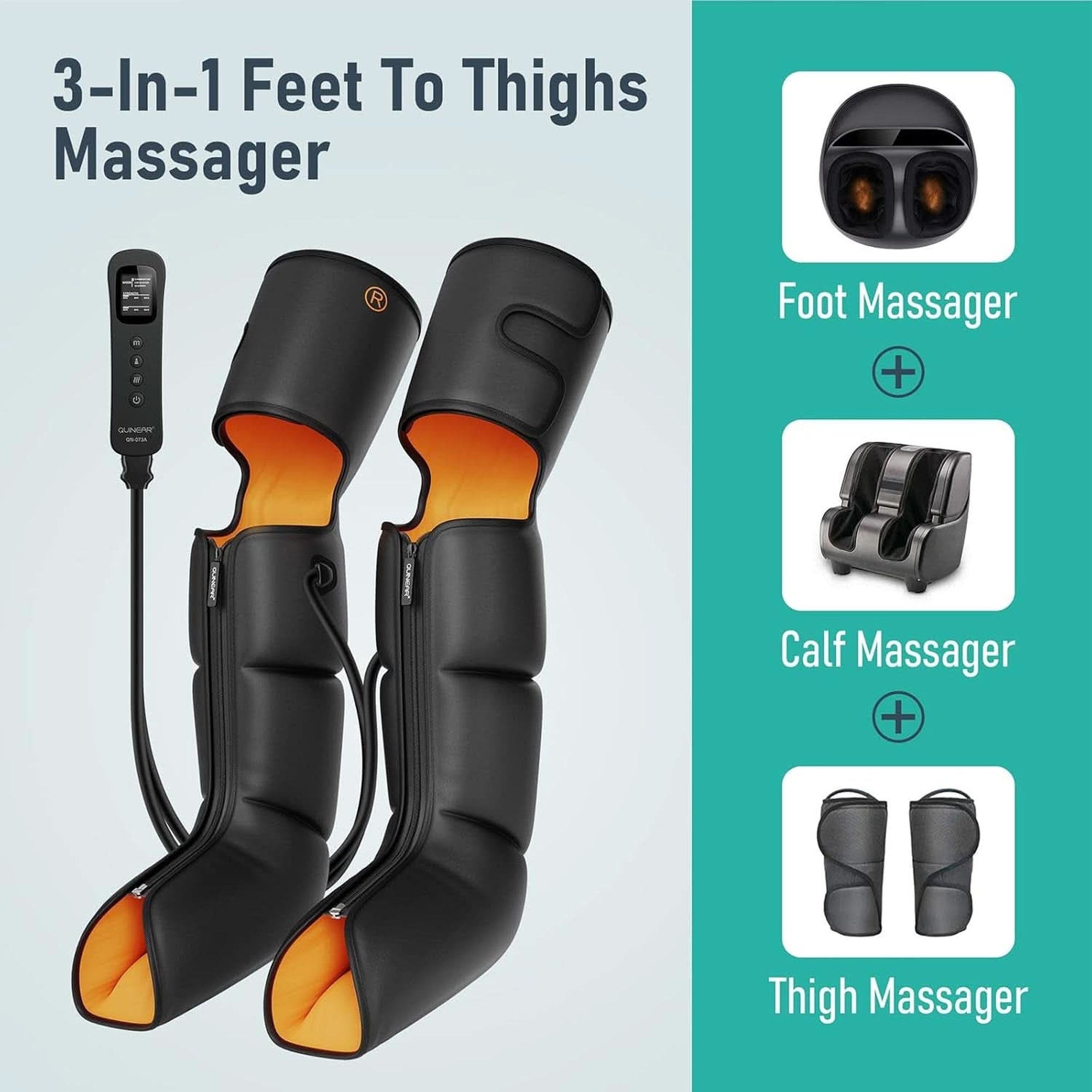 QUINEAR Leg Massager, 3-In-1 Foot Calf & Thigh Massager with Heat and Compression Therapy, Leg Massage Boots for Swollen Legs, Edema, RLS Pain Relief, FSA HSA Eligible