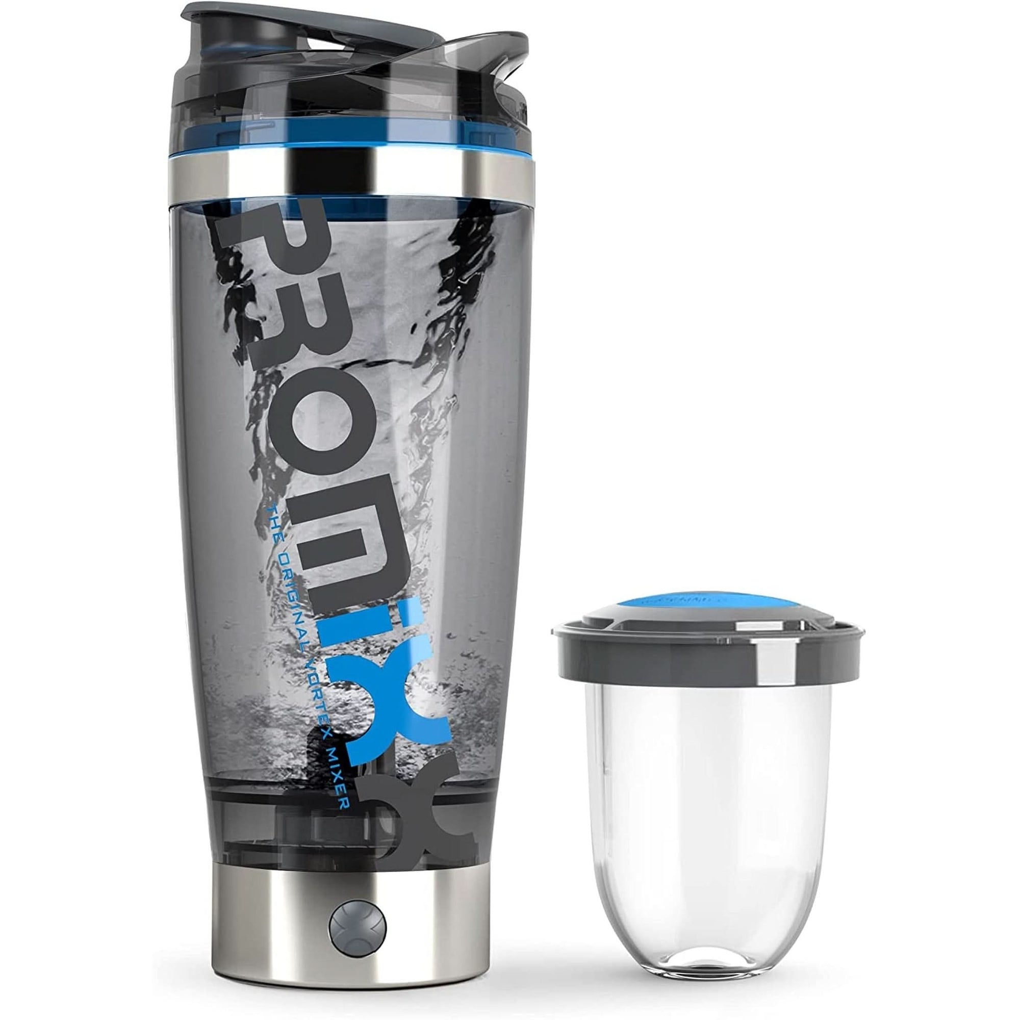 Promixx Pro Shaker Bottle Ix-R Edition | Rechargeable, Powerful for Smooth Protein Shakes | Includes Supplement Storage - BPA Free | 20Oz Cup Silver Blue/Gray