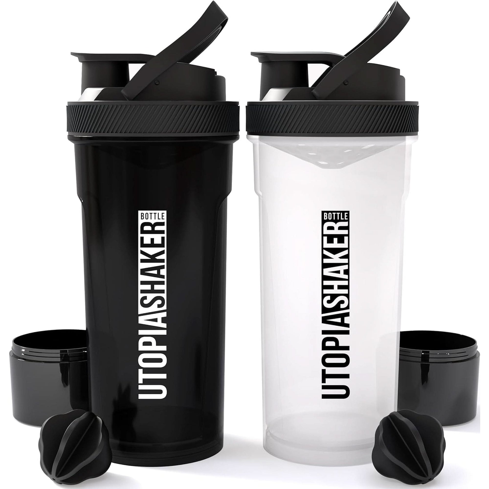 Utopia Home Shaker Bottle 2 Pack - 24 Ounce Plastic Protein or Cocktail Shaker Bottle for Pre & Post Workout with Twist & Lock Protein Box Storage All Black & Clear/Black