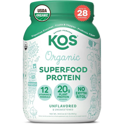 KOS Vegan Protein Powder Erythritol Free, Chocolate - Organic Pea Protein Blend, Plant Based Superfood Rich in Vitamins & Minerals - Keto, Dairy Free - Meal Replacement for Women & Men, 28 Servings