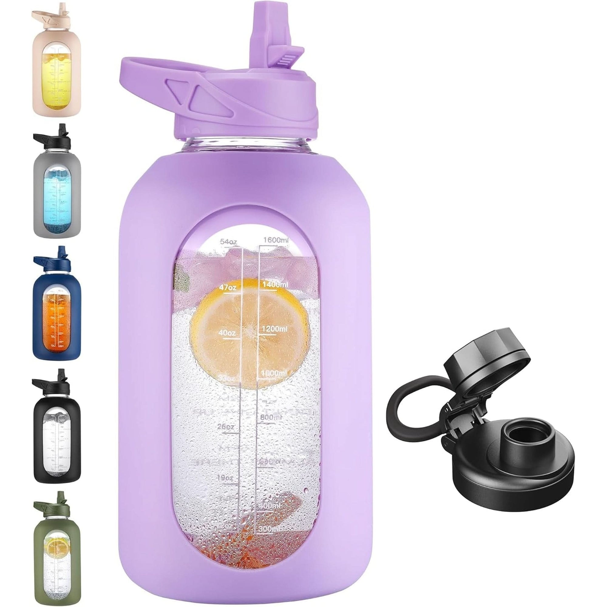 CIVAGO 32 Oz Glass Water Bottle with Straw and Handle, Large Sports Motivational Water Bottle Flask with Time Marker and 2 Lids, Leakproof Water Jug Canteen with Silicone Sleeve for Gym,Black