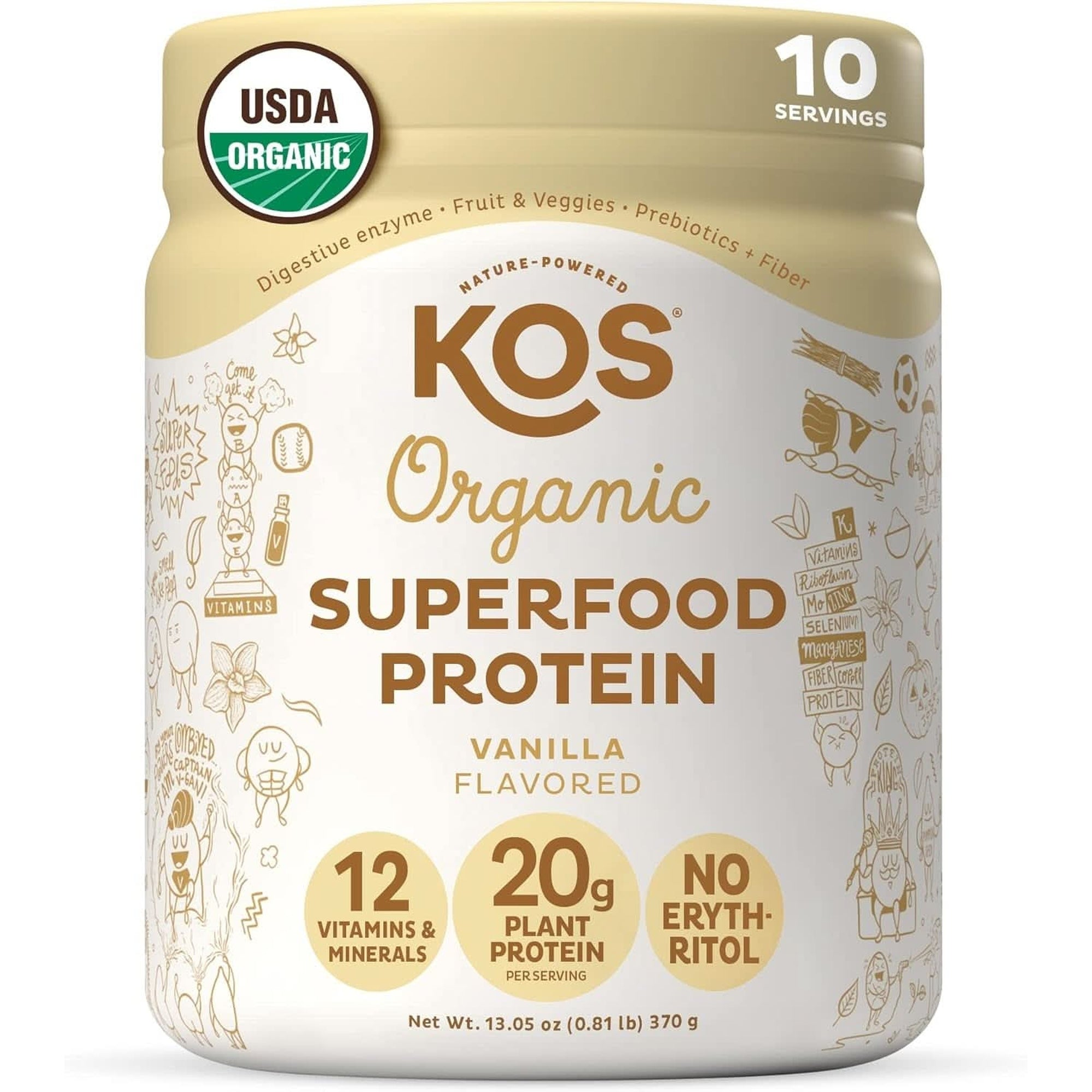 KOS Vegan Protein Powder Erythritol Free, Chocolate - Organic Pea Protein Blend, Plant Based Superfood Rich in Vitamins & Minerals - Keto, Dairy Free - Meal Replacement for Women & Men, 28 Servings