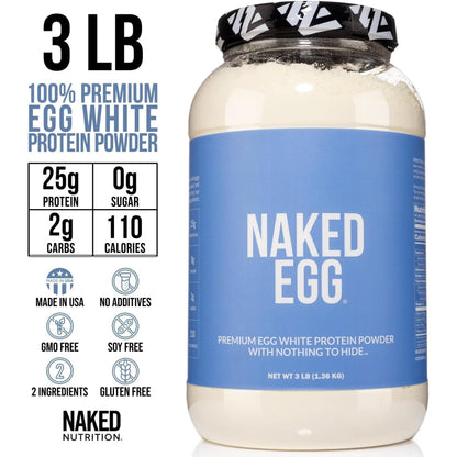 Naked 3LB Non-Gmo Egg White Protein Supplement Powder, Unflavored, No Additives, Paleo, Dairy Free, Gluten Free, Soy Free – 25G Protein, 44 Servings, 3 Pounds