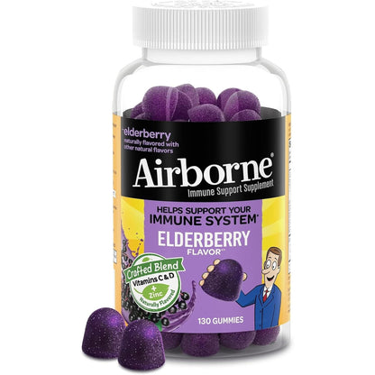 Airborne Elderberry + Zinc & Vitamin C Gummies for Adults, Immune Support Vitamin D & Zinc Gummies with Powerful Antioxidant Vitamins C D & E - 50 Gummies, Elderberry Flavor