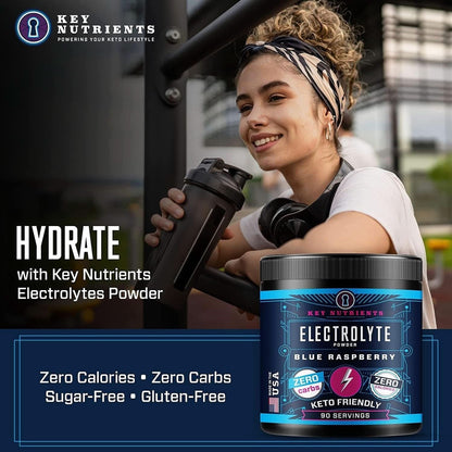 KEY NUTRIENTS Multivitamin Electrolytes Powder No Sugar - Sweet Blue Raspberry Electrolyte Powder - Endurance & Energy Supplement - Hydration Powder - No Calories - 90 Servings - Made in USA