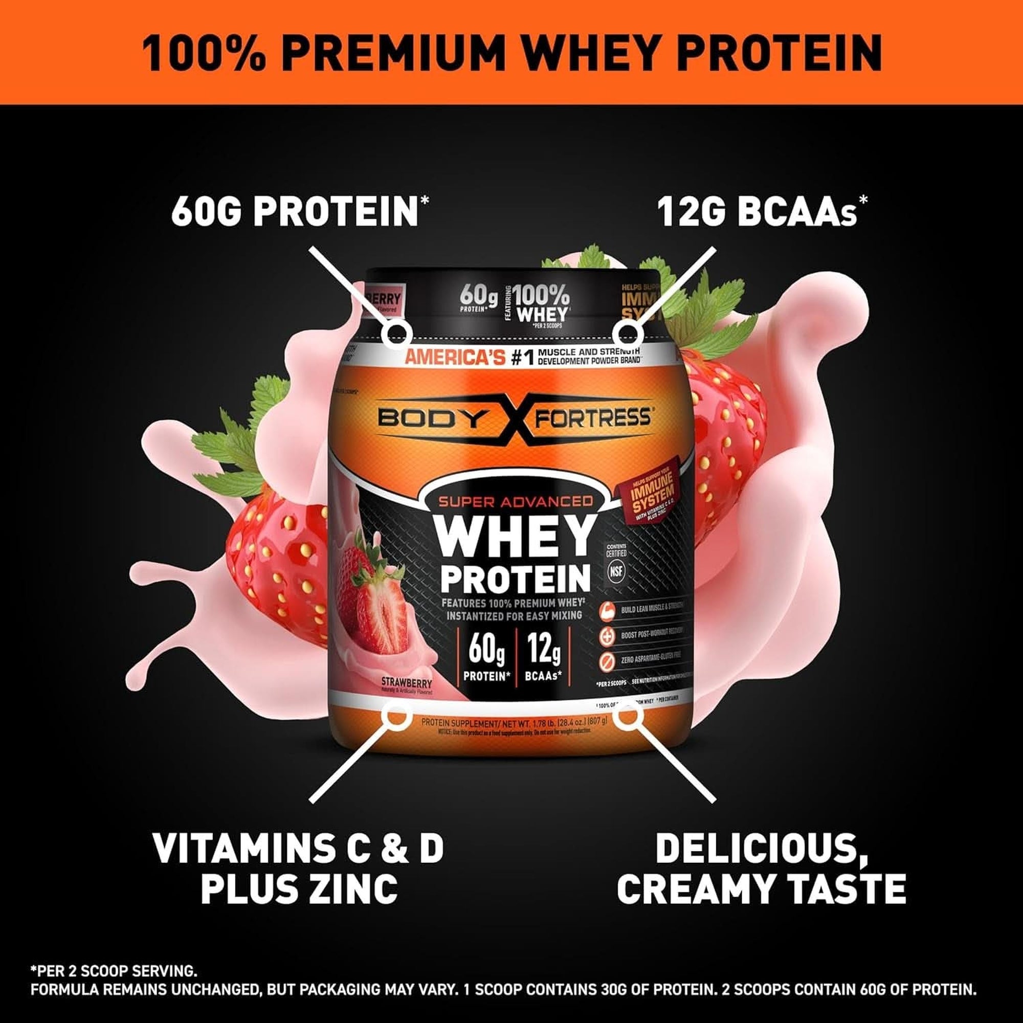 Body Fortress Super Advanced Whey Protein Powder, Strawberry, 60G Protein & 12G Bcaas per 2 Scoops, Muscle Gain & Recovery, Immune Support with Vitamins C & D, 1.78Lb (Packaging May Vary)