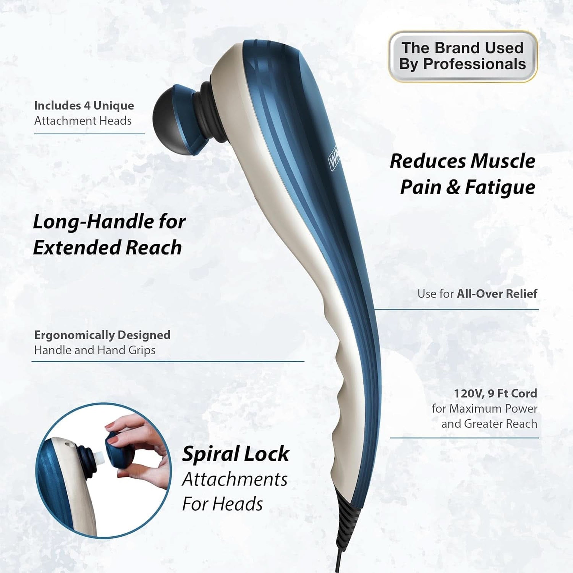 Wahl Deep Tissue Corded Long Handle Percussion Massager - Handheld Therapy with Variable Intensity to Relieve Pain in the Back, Neck, Shoulders, Muscles, & Legs – FSA Eligible - Model 4290-300