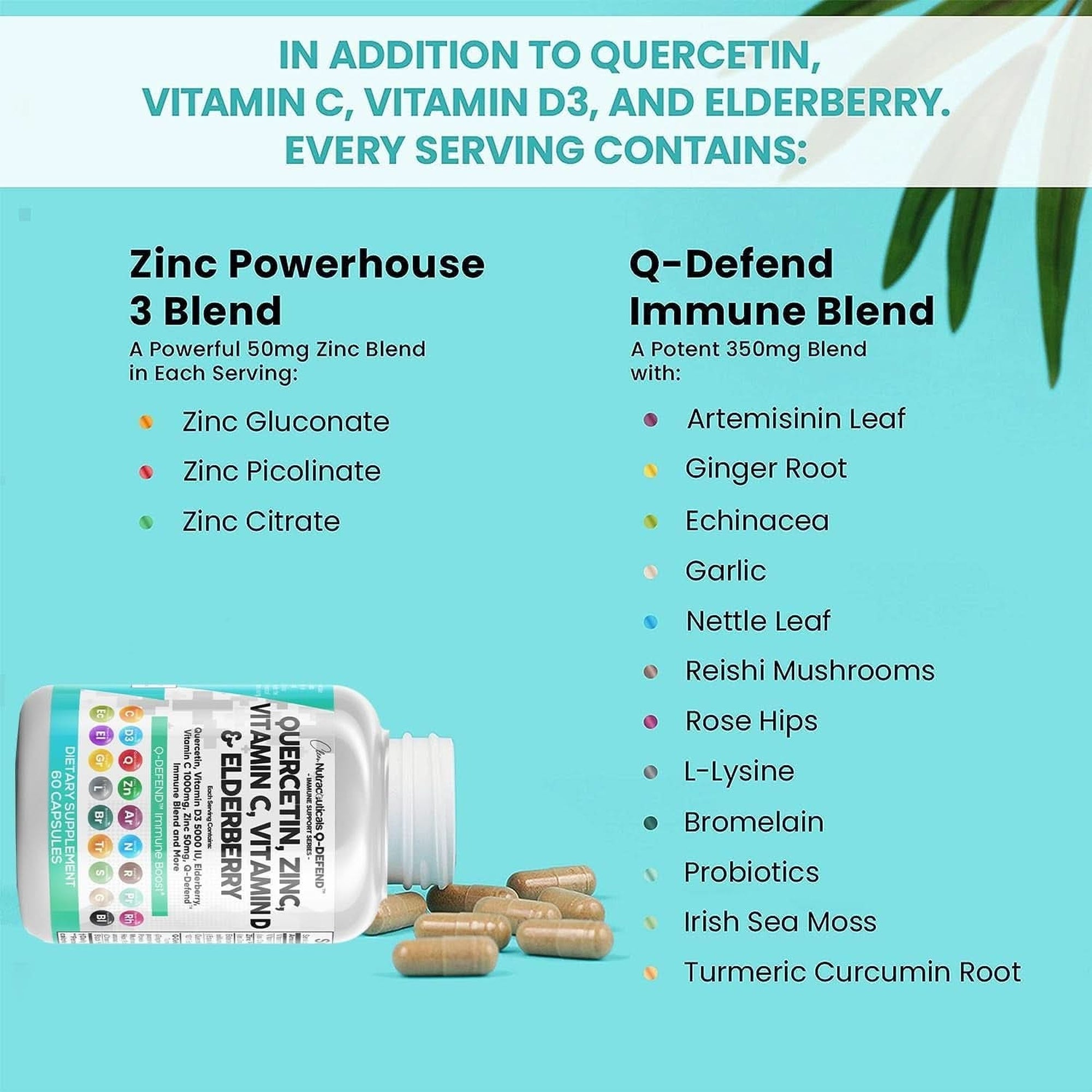 Quercetin 1000Mg Zinc 50Mg Vitamin C 1000Mg Vitamin D 5000 IU Bromelain Elderberry - Lung Immune Defense Support Supplement Adults with Artemisinin, Sea Moss, Echinacea, Garlic Immunity Allergy Relief