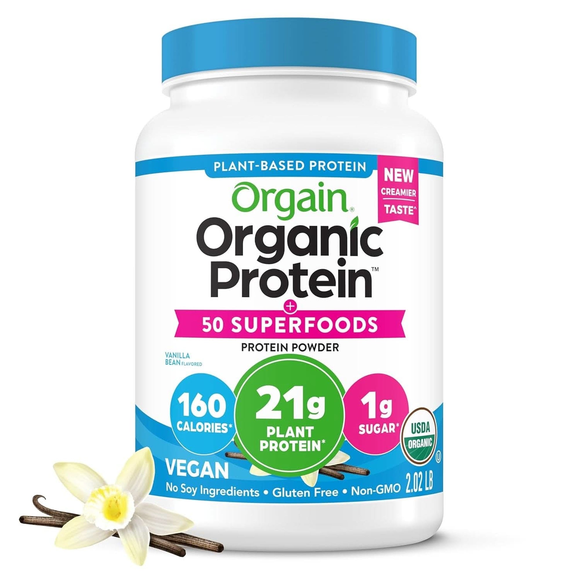 Orgain Organic Vegan Protein + 50 Superfoods Powder, Creamy Chocolate Fudge - 21G Plant Based Protein, 10G Prebiotic Fiber, No Lactose Ingredients, Gluten Free, Non-Gmo, 2.02 Lb (Packaging May Vary)