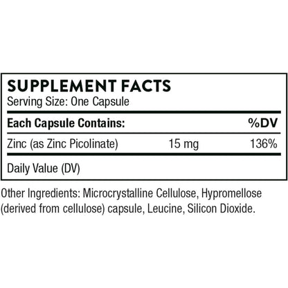 Thorne Zinc Picolinate 15Mg - Highly Absorbable Zinc Supplement - Supports Wellness, Immune System, Eye, Skin, and Reproductive Health - Gluten-Free, Soy-Free, Dairy-Free - 60 Capsules