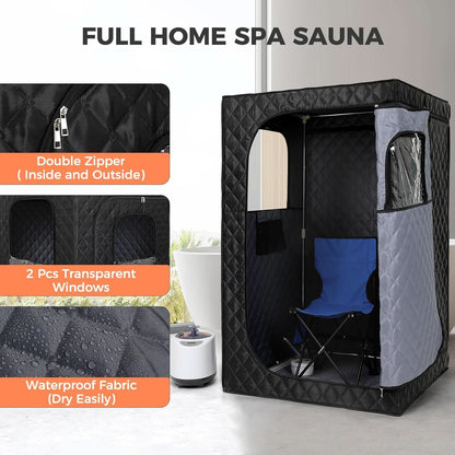 Upgraded Version Portable Sauna for Home Full Body Personal Sauna Steam Sauna Tent at Home Spa with 2.6L 1000W Steam Generator, 90 Minute Timer, Foldable Chair, Remote Control Included(Black)