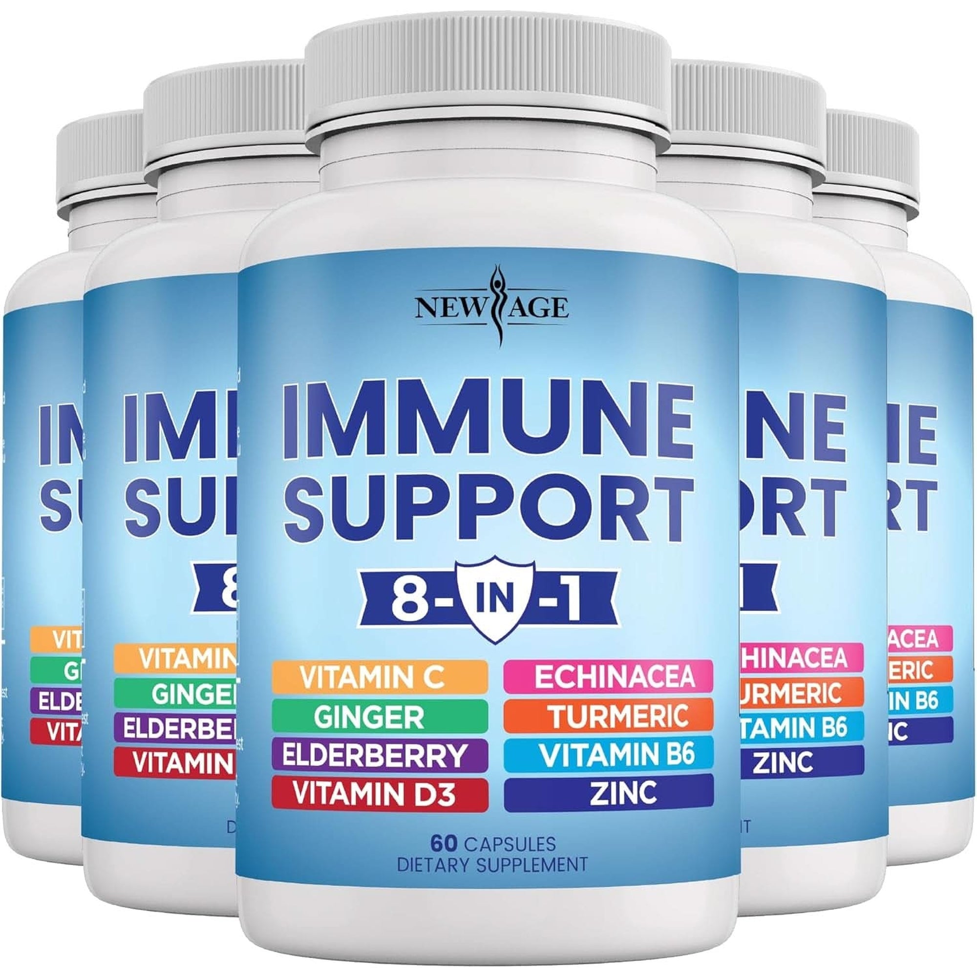 8 in 1 Immune Support Booster Supplement with Echinacea, Vitamin C and Zinc 50Mg, Vitamin D 5000 IU, Turmeric Curcumin & Ginger, B6, Elderberry 120 Count (Pack of 2)