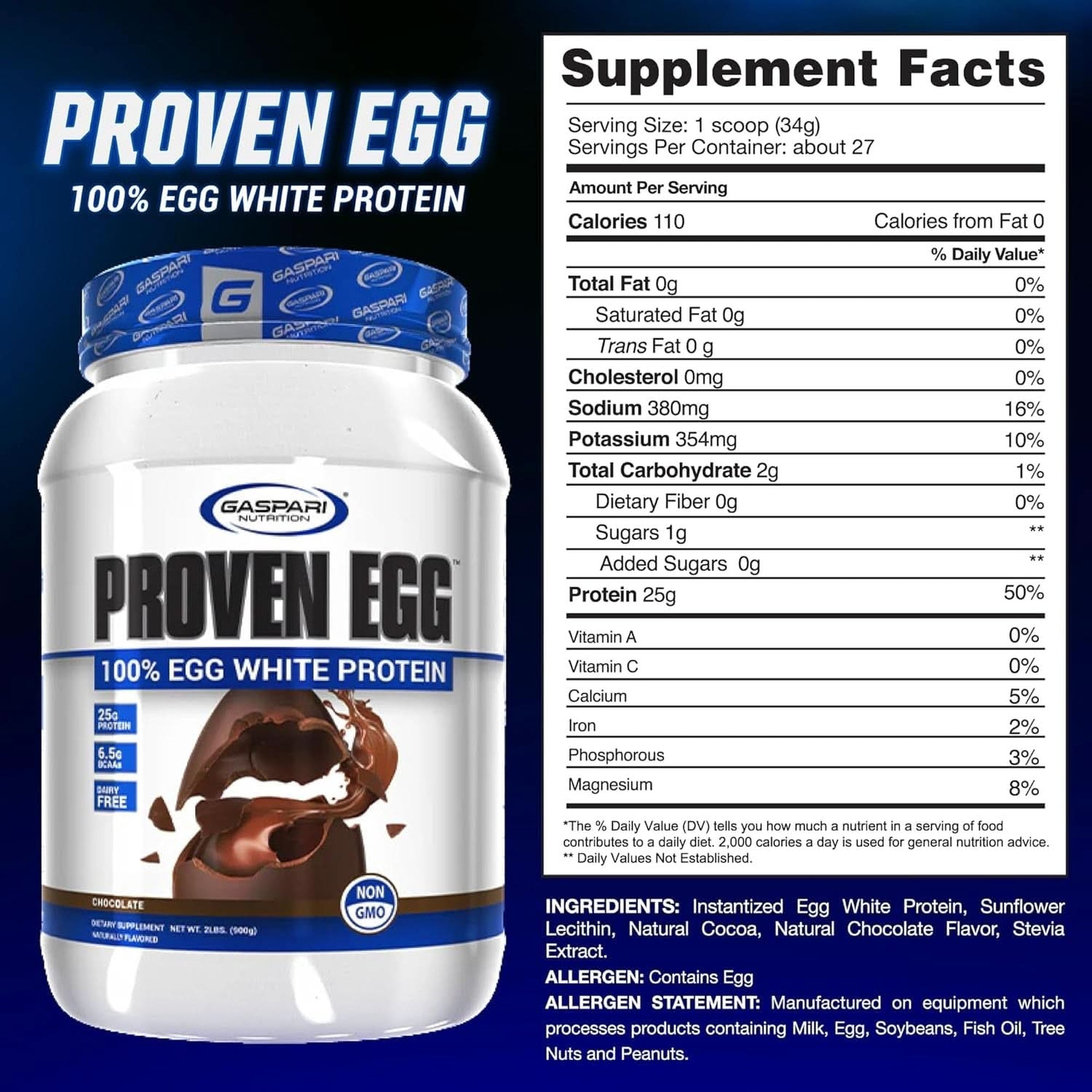 Gaspari Nutrition Proven Egg, 100% Egg White Protein, 25G Protein, Keto Friendly, Dairy Free, Lactose Free, Soy Free (2 Lbs, Chocolate)