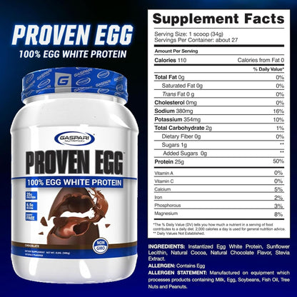 Gaspari Nutrition Proven Egg, 100% Egg White Protein, 25G Protein, Keto Friendly, Dairy Free, Lactose Free, Soy Free (2 Lbs, Chocolate)