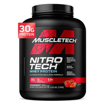 Muscletech Whey Protein Powder (Strawberry, 4 Pound) - Nitro-Tech Muscle Building Formula with Whey Protein Isolate & Peptides - 30G of Protein, 3G of Creatine & 6.6G of BCAA