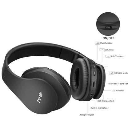 ZIHNIC Bluetooth Headphones Over-Ear, Foldable Wireless and Wired Stereo Headset Micro SD/TF, FM for Cell Phone,Pc,Soft Earmuffs &Light Weight for Prolonged Wearing Black