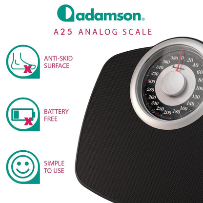 Adamson A25 Scales for Body Weight - up to 400 LB - New 2024-5.3" Dial on 12.4" X 10.2" Platform - Anti-Skid Rubber Surface - Bathroom Scale Analog - Durable with 20-Year Warranty