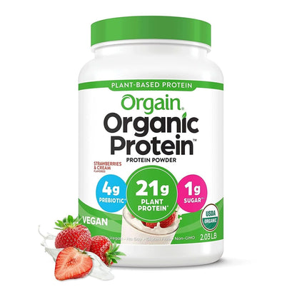 Orgain Organic Vegan Protein Powder, Strawberries & Cream - 21G Plant Based Protein, 4G Prebiotic Fiber, Low Net Carb, No Lactose Ingredients, No Added Sugar, Non-Gmo, for Shakes & Smoothies, 2.03 Lb