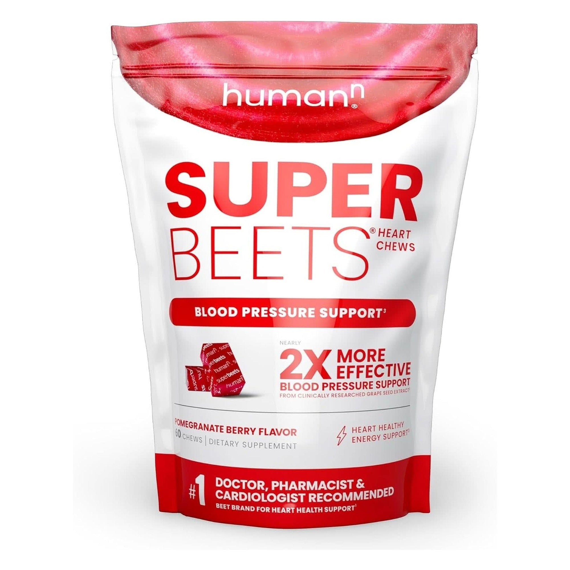 Humann Superbeets Heart Chews, Nitric Oxide and Blood Pressure Support, Grape Seed Extract & Non-Gmo Beet Root Powder Energy Chews, Super Beets Heart Chews, Pomegranate Berry Flavor, 60 Count