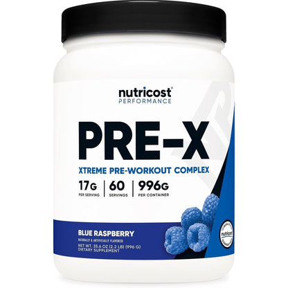 Nutricost Pre-X Xtreme Pre-Workout Complex Powder, Blue Raspberry, 60 Servings, Vegetarian, Non-Gmo and Gluten Free