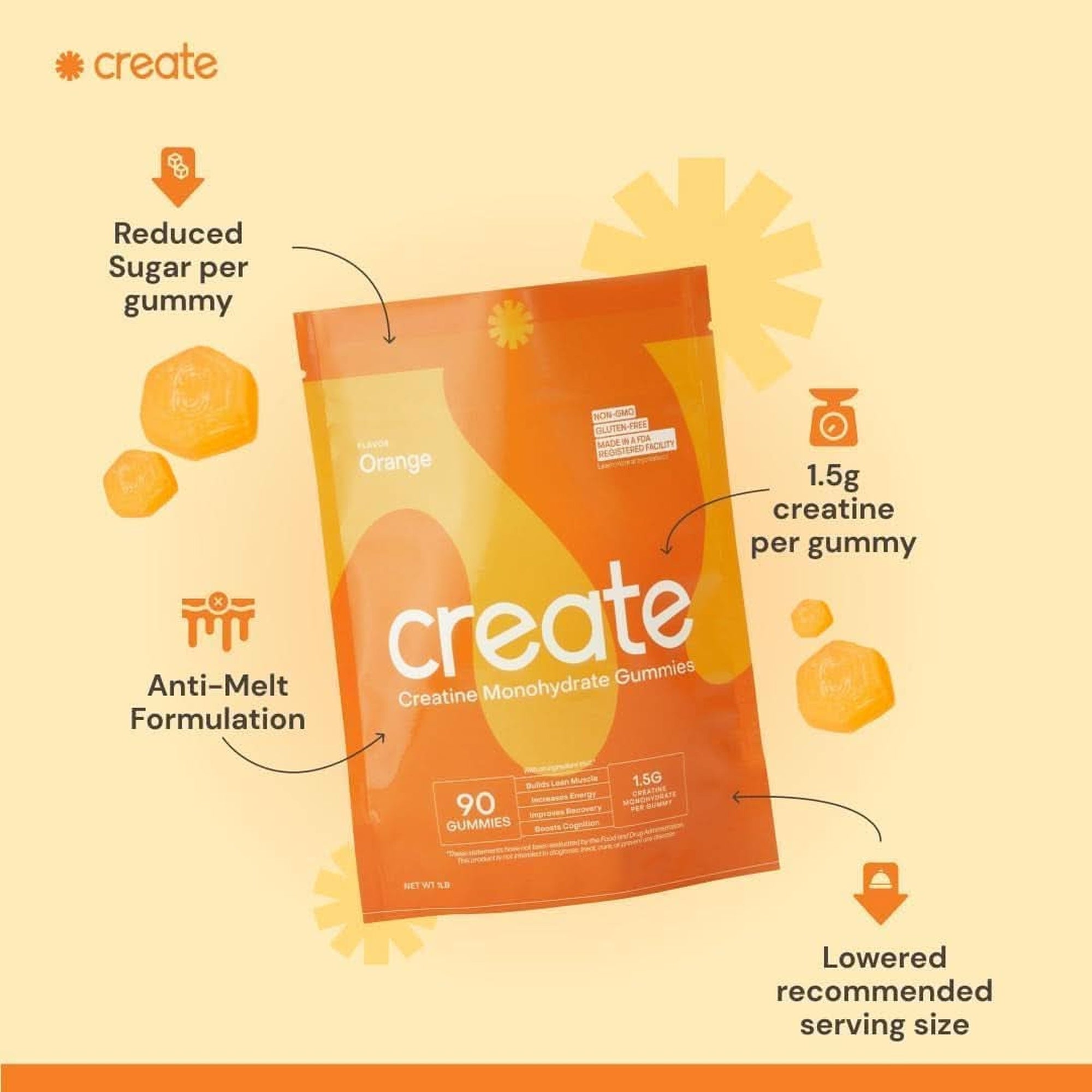 Create Creatine Monohydrate Gummies for Men & Women, Boost Focus, Strength, and Endurance, Anti-Melting Formula, Vegan, Gluten-Free, Non-Gmo, 1.5G of Creatine per Gummy (Orange, 90 Ct)