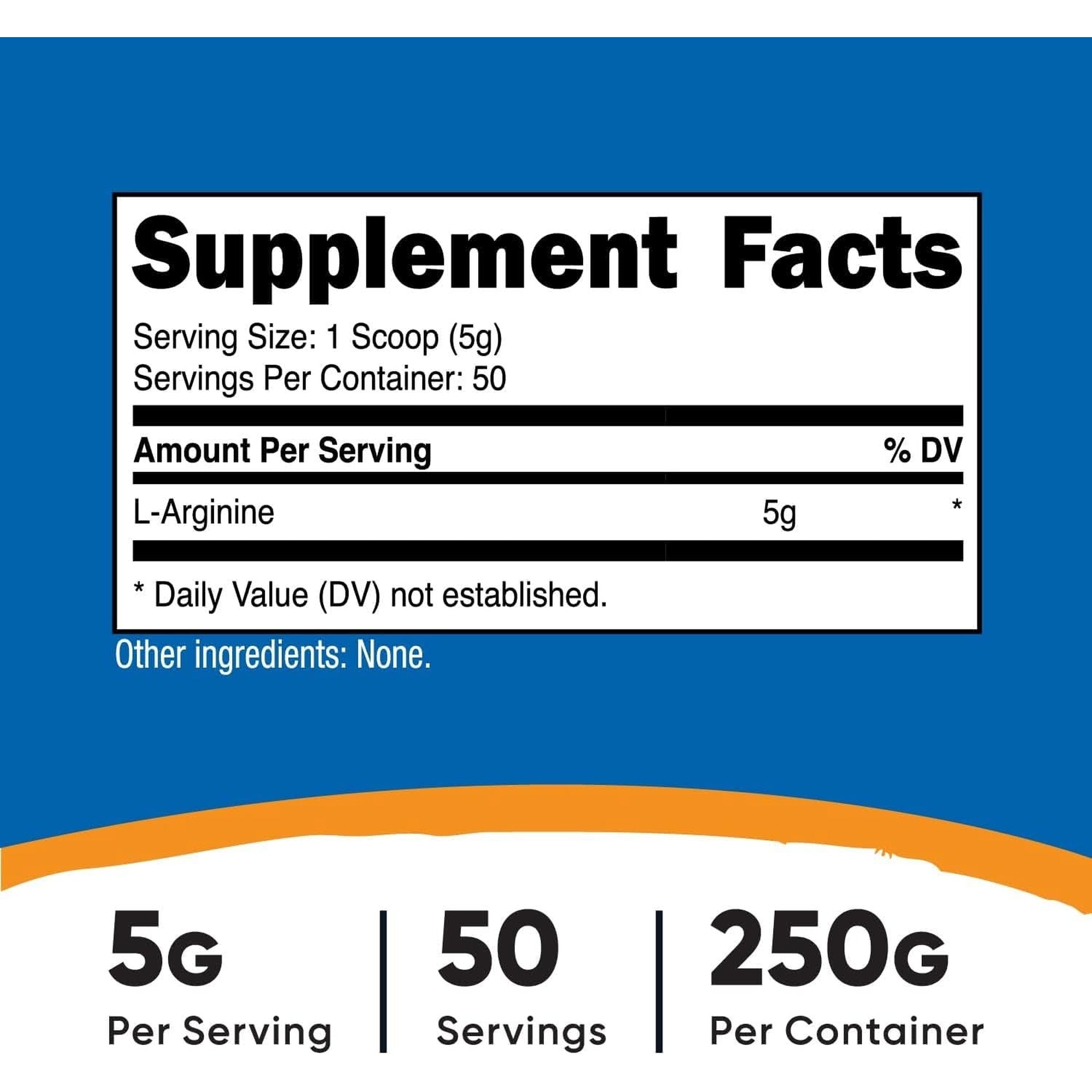 Nutricost L-Arginine (250 Grams) - Pure L-Arginine Powder - 5000Mg per Serving; 50 Servings