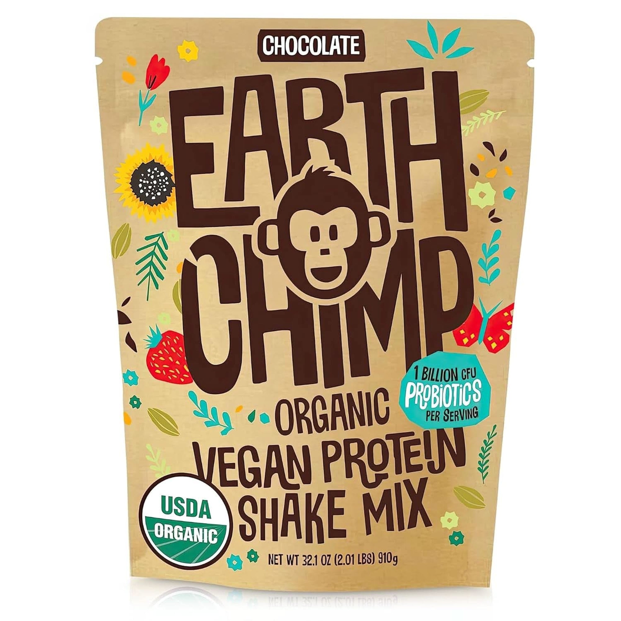 Earthchimp Organic Vegan Protein Powder - with Probiotics - Non GMO, Dairy Free, Non Whey, Plant Based Protein Powder for Women and Men, Gluten Free - 26 Servings 32 Oz (Vanilla)