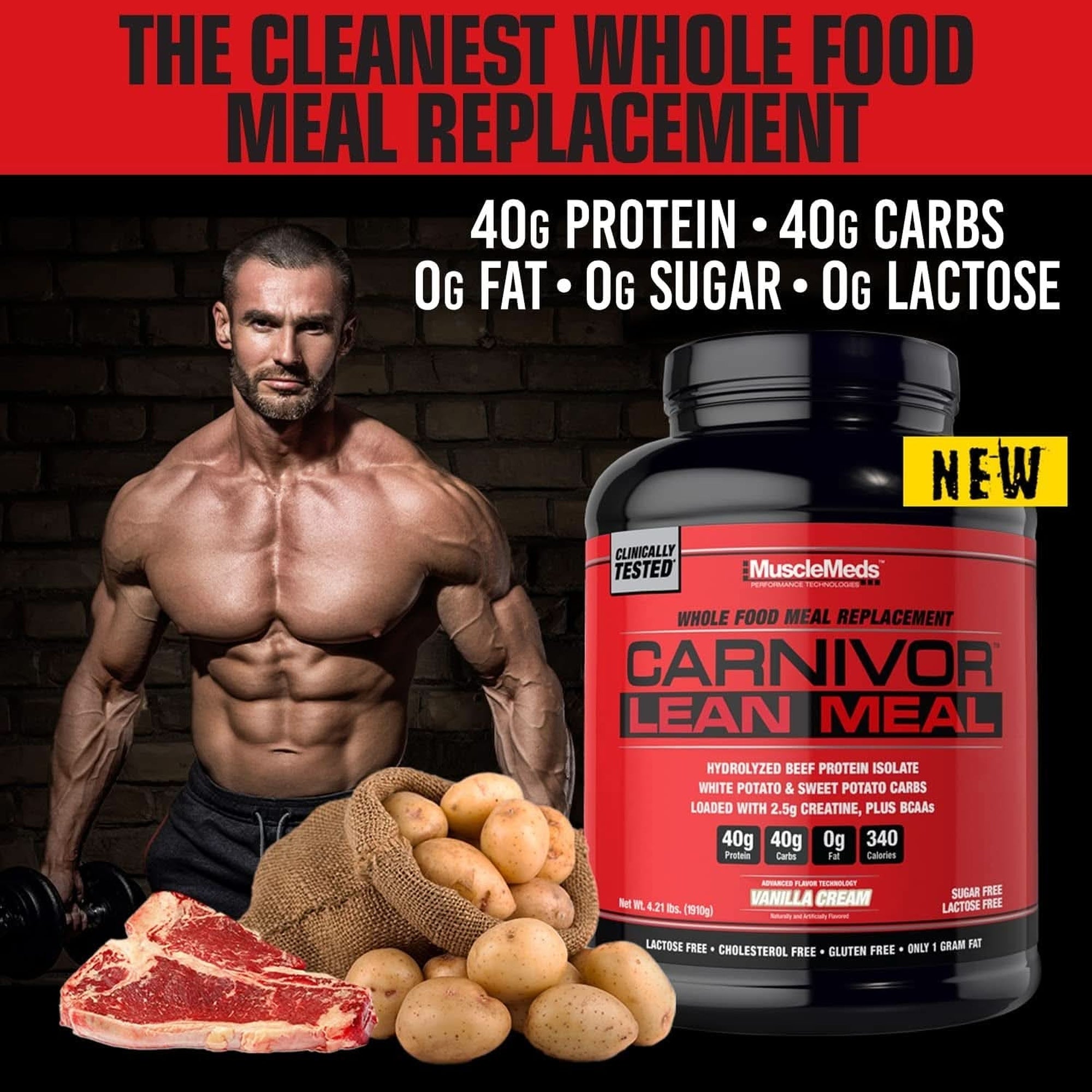 Musclemeds CARNIVOR LEAN MEAL Whole Food Meal Replacement Shake, MRE, Beef Protein Isolate, White Potato, Sweet Potato, 40G Protein, 40 G Carbs, Lactose Free, Sugar Free, Vanilla Cream 20 Servings