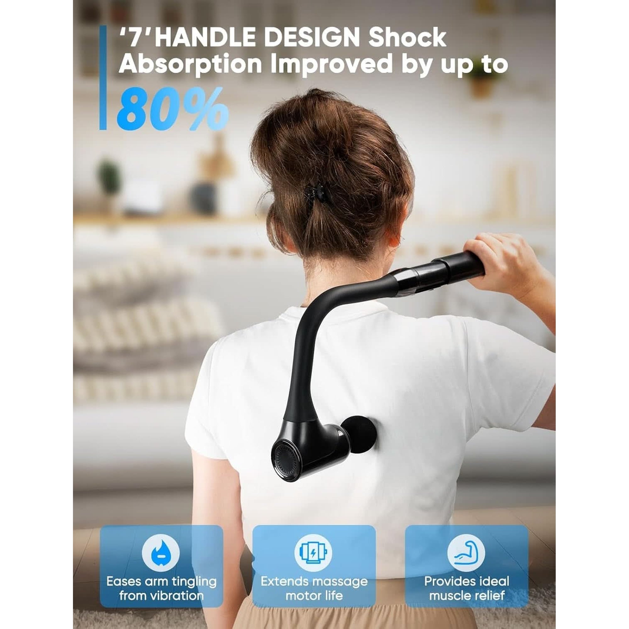 Massage Gun Deep Tissue - Back Massager for Pain Relief Deep Tissue with Extended Handle, 12MM Percussion Less-Shock Neck/Foot/Leg/Shoulder Massager, Infinitely Adjustable Speed & 4 Replaceable Heads