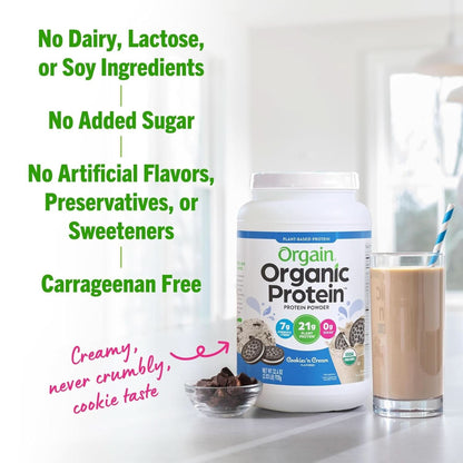 Orgain Organic Vegan Protein Powder, Cookies & Cream - 21G Plant Based Protein, 7G Prebiotic Fiber, Low Net Carb, No Lactose Ingredients, No Added Sugar, Non-Gmo, for Shakes & Smoothies, 2.03 Lb