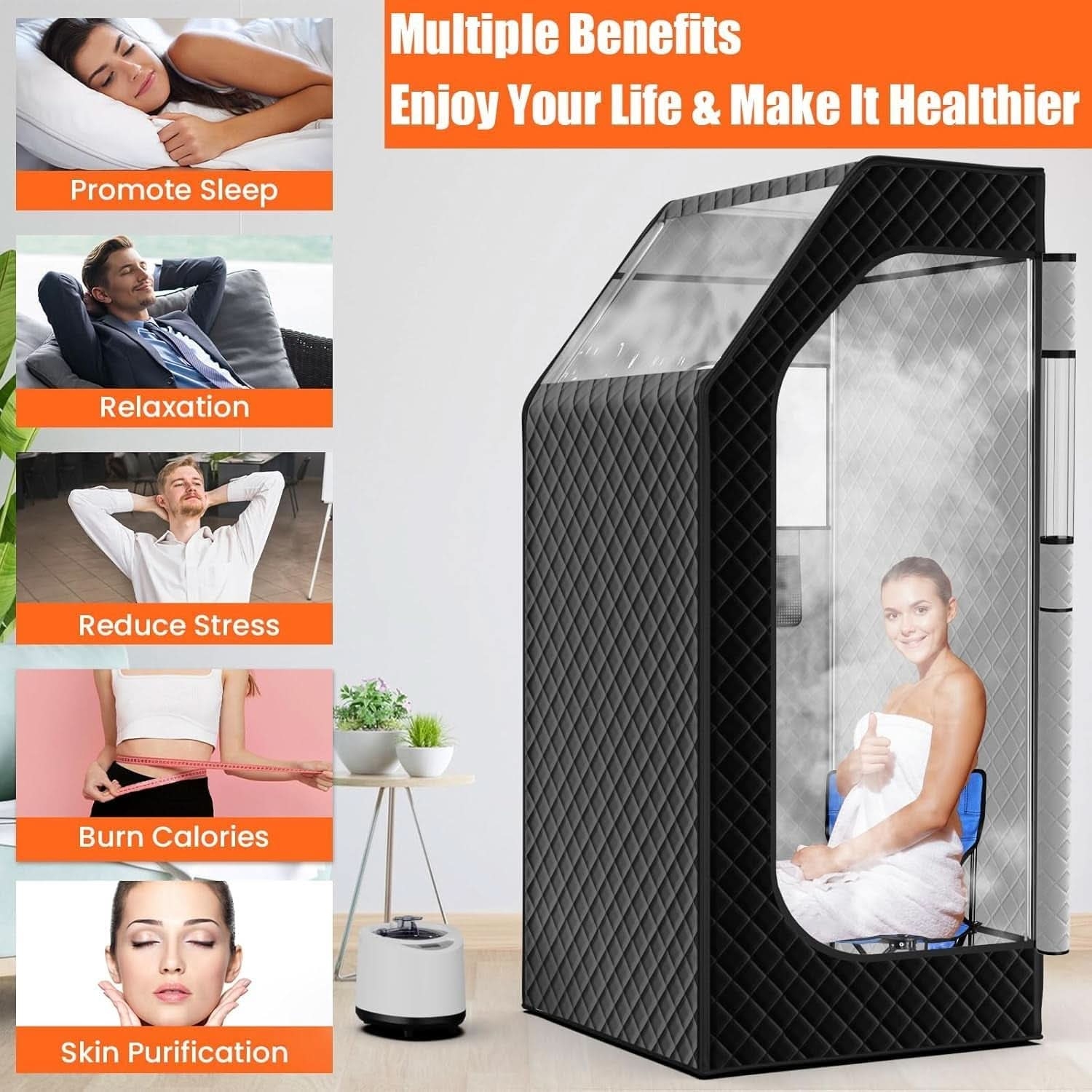 Portable Sauna for Home, Personal Steam Sauna Box, Indoor Sauna Tent at Home Full Body with 1000W 2.6L Steamer, Timer, Remote Control, Folding Chair, 9 Levels Heating, 2.6' X 2.6' X 5.9'