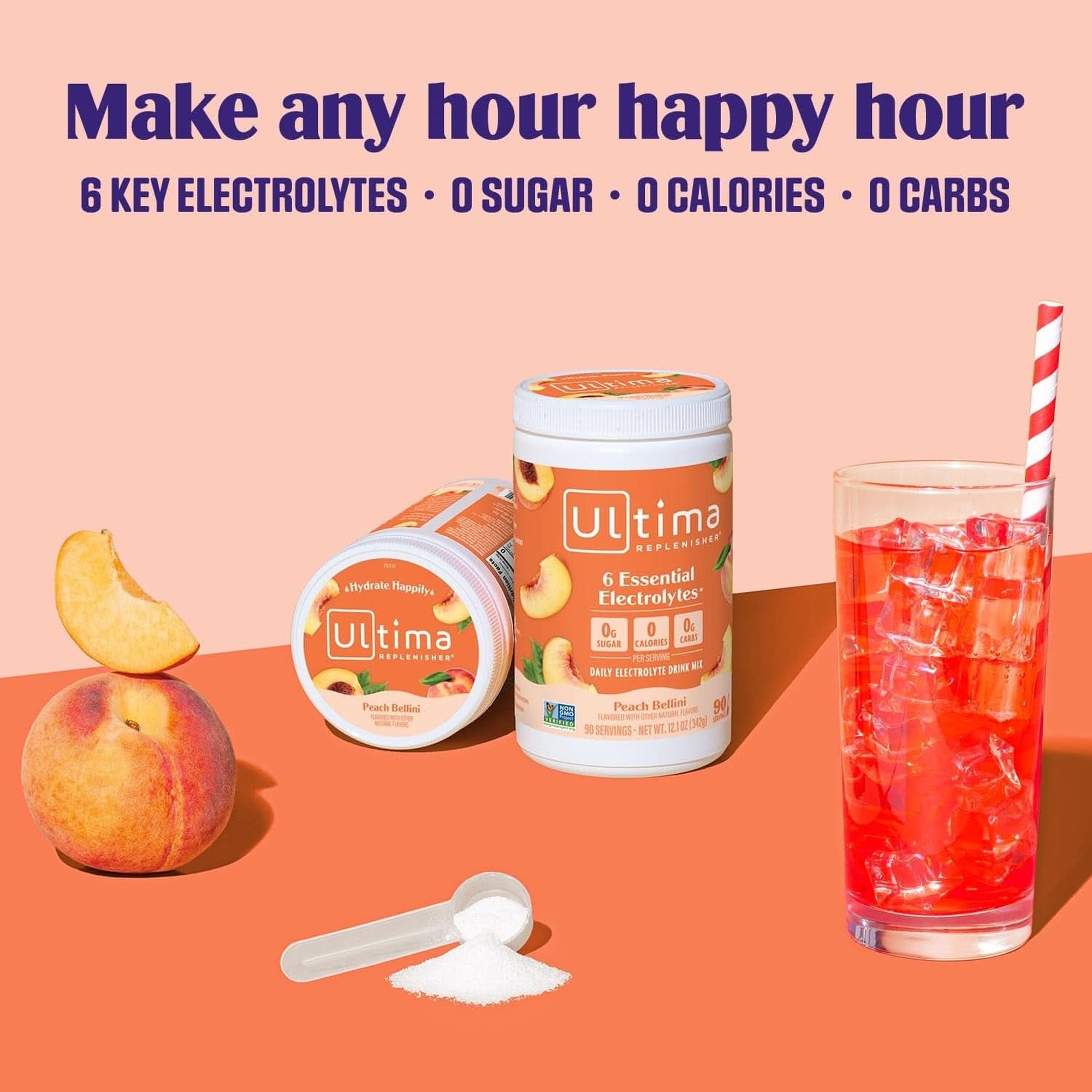 Ultima Replenisher Mocktini Electrolyte Drink Mix – Peach Bellini, 90 Servings – Hydration Powder with 6 Key Electrolytes & Trace Minerals – Keto Friendly, Non- GMO & Sugar-Free Electrolyte Powder