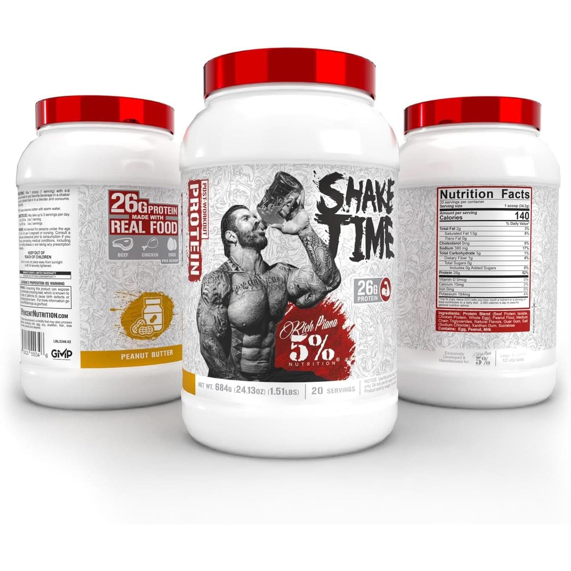 5% Nutrition Rich Piana Shake Time | 26G Animal Based Protein Drink | Grass-Fed Beef, Chicken, Whole Egg | No Sugar, Dairy, or Soy | (Peanut Butter)