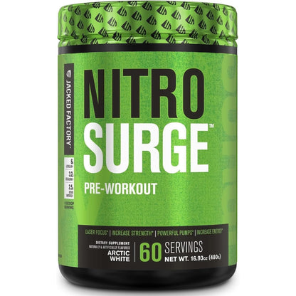 Jacked Factory NITROSURGE Pre Workout Supplement - Endless Energy, Instant Strength Gains, Clear Focus, Intense Pumps - NO Booster & Powerful Preworkout Energy Powder - 30 Servings, Arctic White