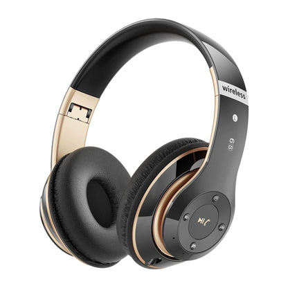 Bluetooth Headphones over Ear, 6S Wireless Headphones Wired with 6 EQ Modes, 40 Hours Playtime Foldable Hifi Stereo Headset with Microphone, FM/TF for Cellphone/Pc/Work Black & Gold