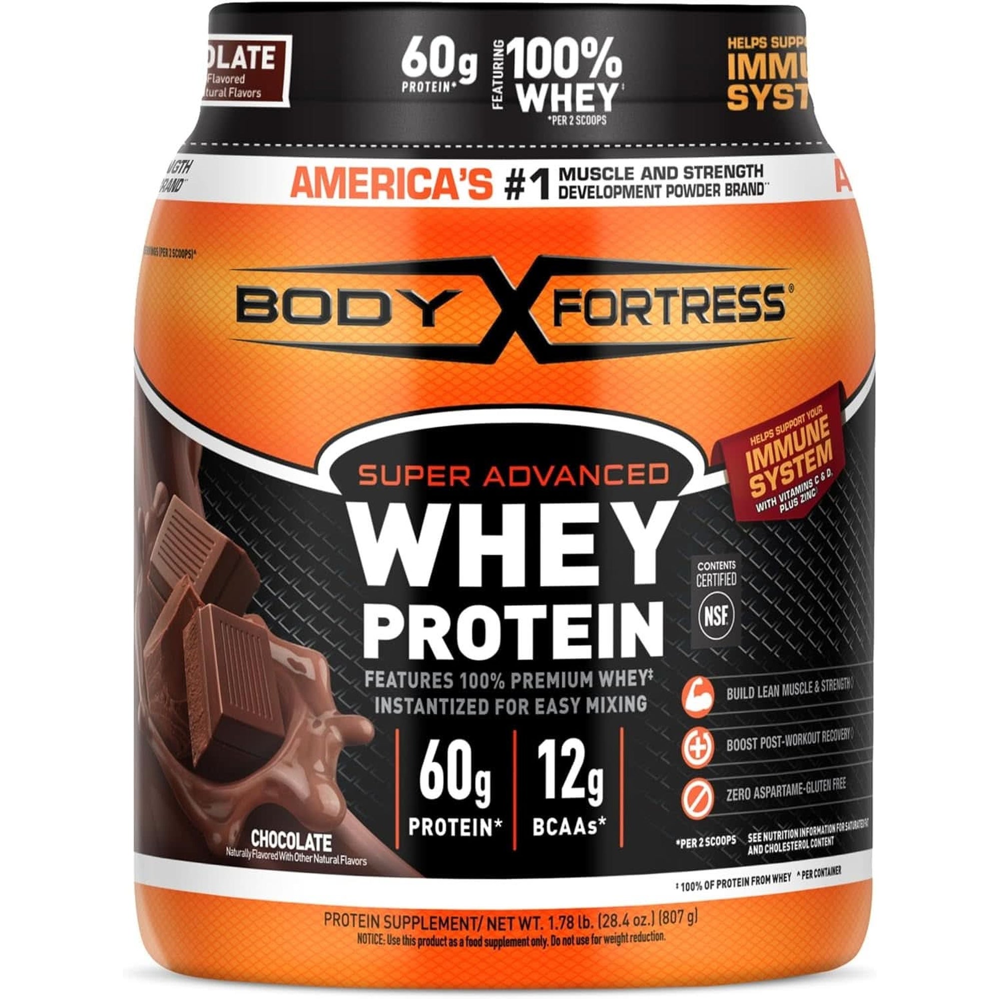 Body Fortress Super Advanced Whey Protein Powder, Strawberry, 60G Protein & 12G Bcaas per 2 Scoops, Muscle Gain & Recovery, Immune Support with Vitamins C & D, 1.78Lb (Packaging May Vary)