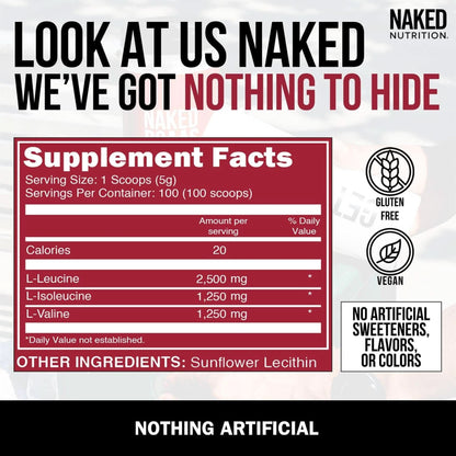 Naked Bcaas Amino Acids Powder, Only 1 Ingredient, Pure 2:1:1 Formula, Vegan Unflavored Branched Chain Amino Acids, Instantized All Natural BCAA Supplement - 500 Grams, 100 Servings