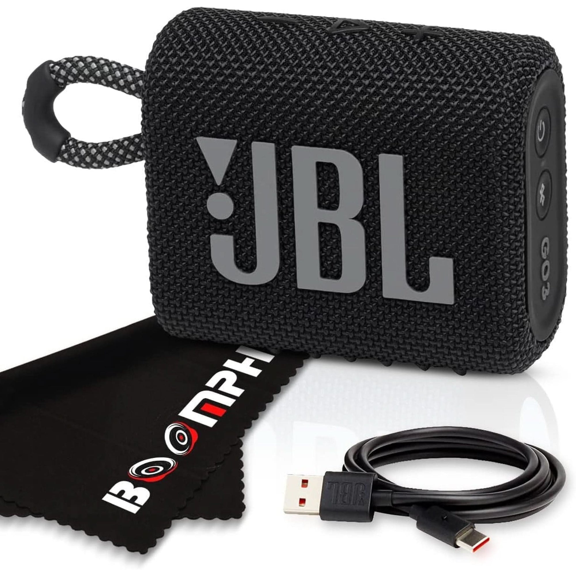 JBL Go 3 Portable Bluetooth Wireless Speaker, IP67 Waterproof and Dustproof Built-In Battery - Black - Boomph'S Comprehensive Ultimate Performance Cloth Solution for Your On-The-Go Sound Experience