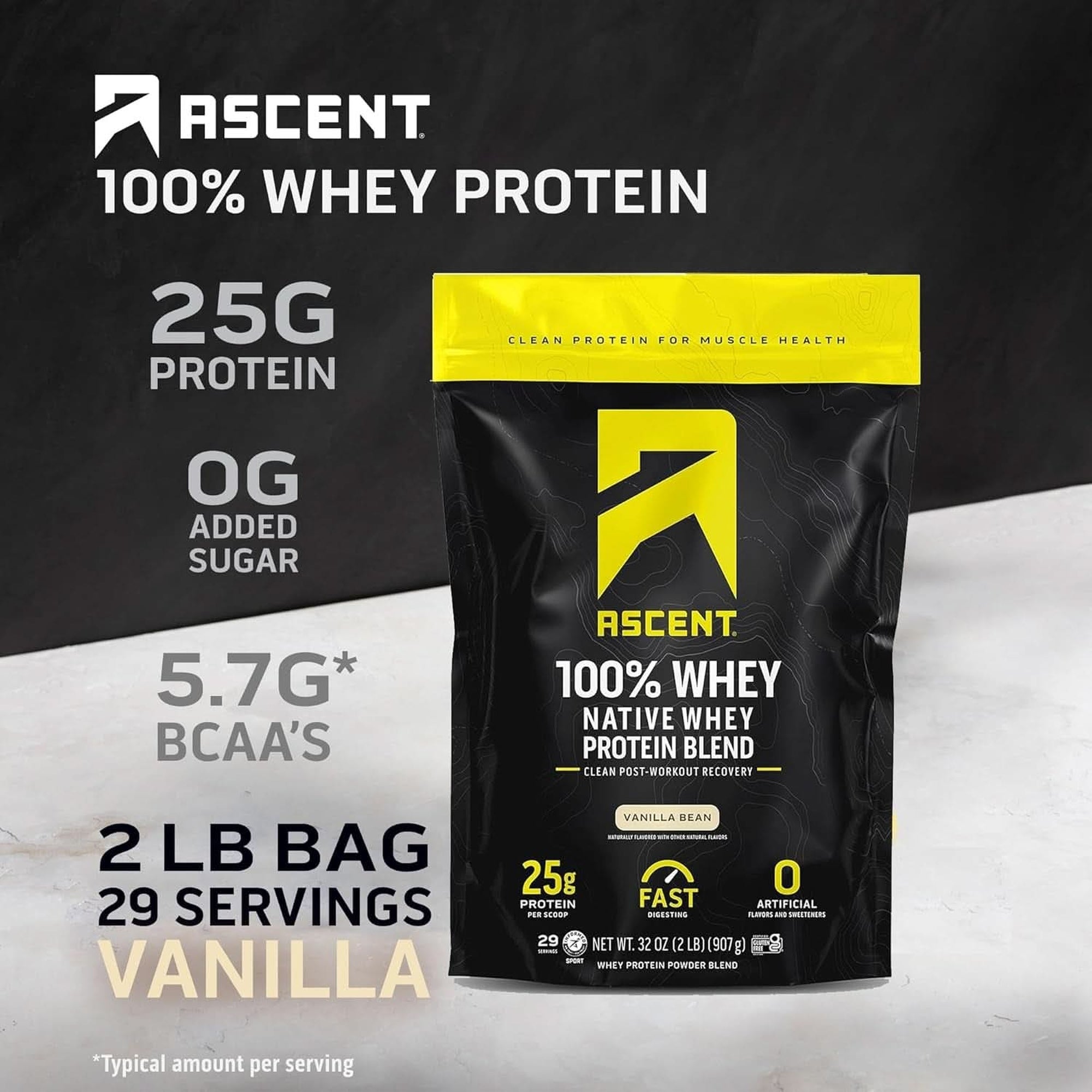 Ascent 100% Whey Protein Powder - Post Workout Whey Protein Isolate, Zero Artificial Flavors & Sweeteners, Soy & Gluten Free, 5.5G BCAA, 2.6G Leucine, Essential Amino Acids, Vanilla Bean 2 Lb