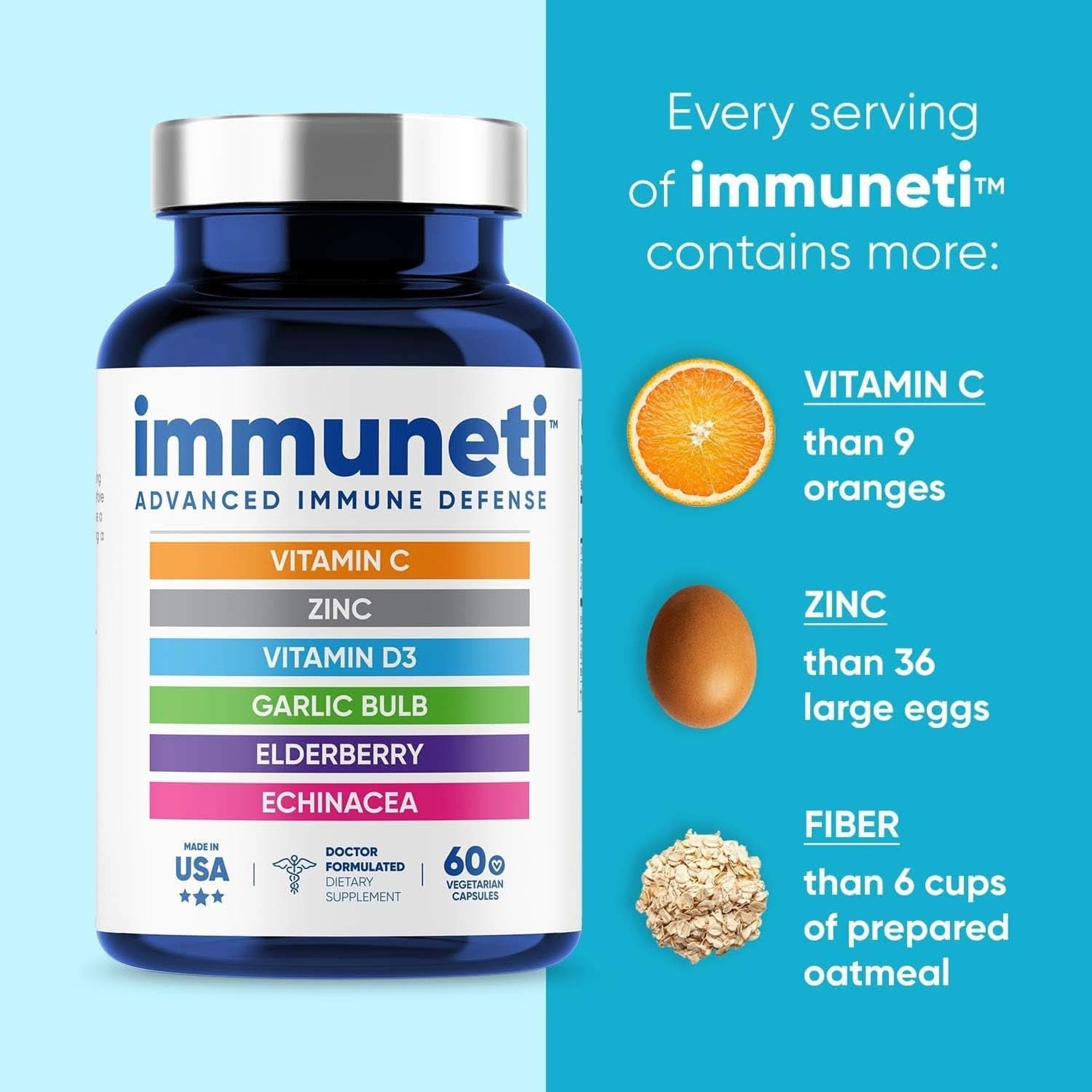 Immuneti - Advanced Immune Defense, 6-In-1 Powerful Blend of Vitamin C, Vitamin D3, Zinc, Elderberries, Garlic Bulb, Echinacea - Supports Overall Health, Provides Vital Nutrients & Antioxidants