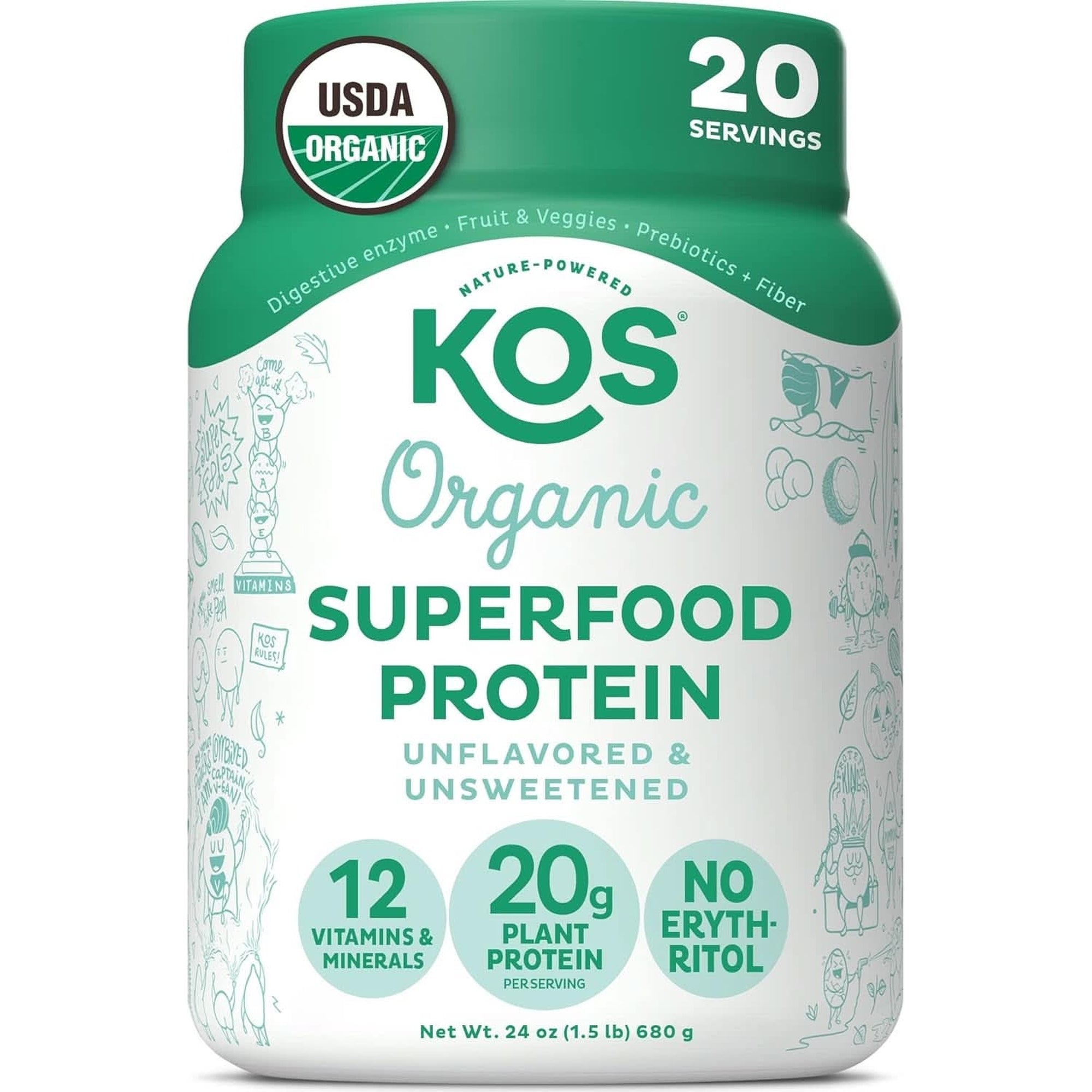 KOS Vegan Protein Powder Erythritol Free, Chocolate - Organic Pea Protein Blend, Plant Based Superfood Rich in Vitamins & Minerals - Keto, Dairy Free - Meal Replacement for Women & Men, 28 Servings