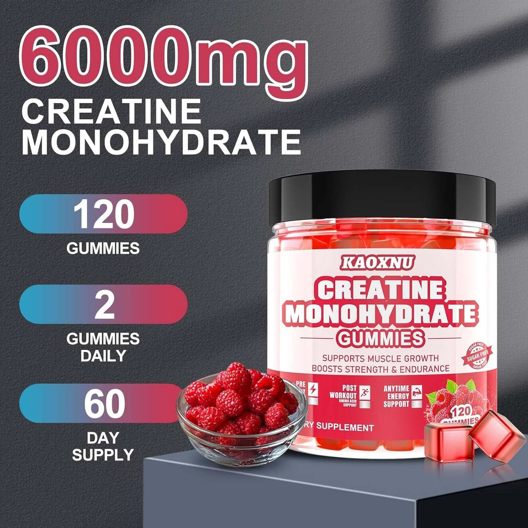 Creatine Monohydrate Gummies for Men & Women 120 CT - 5000Mg of Creatine Monohydrate per Serving - Sugar Free Chewable Creatine for Muscle Strength, Muscle Builder, Energy Boost (Raspberry Flavor)