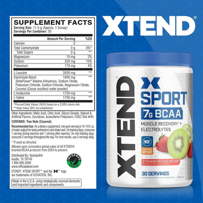 XTEND Sport BCAA Powder Strawberry Kiwi Splash - Electrolyte Powder for Recovery & Hydration with Amino Acids - 30 Servings