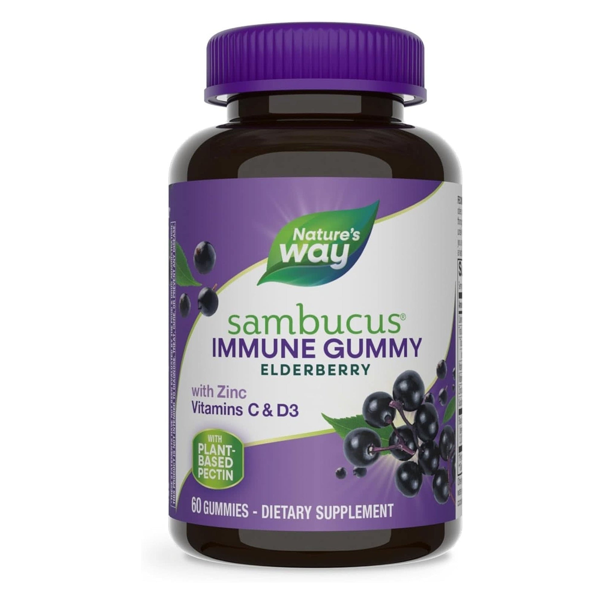 Nature’S Way Sambucus Elderberry Immune Gummies, Daily Immune Support for Kids and Adults*, with Vitamin C, Vitamin D3, Zinc, Gluten Free, Vegetarian, 60 Gummies (Packaging May Vary)