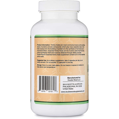 Essential Amino Acids - 1 Gram per Serving Powder Blend of All 9 Essential Aminos (EAA) and All Branched-Chain Aminos (Bcaas) (Leucine, Isoleucine, Valine) 225 Capsules, Gluten Free by Double Wood