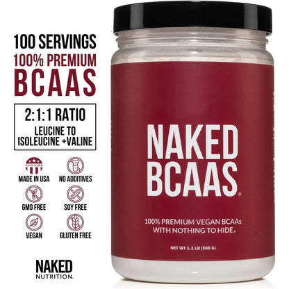 Naked Bcaas Amino Acids Powder, Only 1 Ingredient, Pure 2:1:1 Formula, Vegan Unflavored Branched Chain Amino Acids, Instantized All Natural BCAA Supplement - 500 Grams, 100 Servings