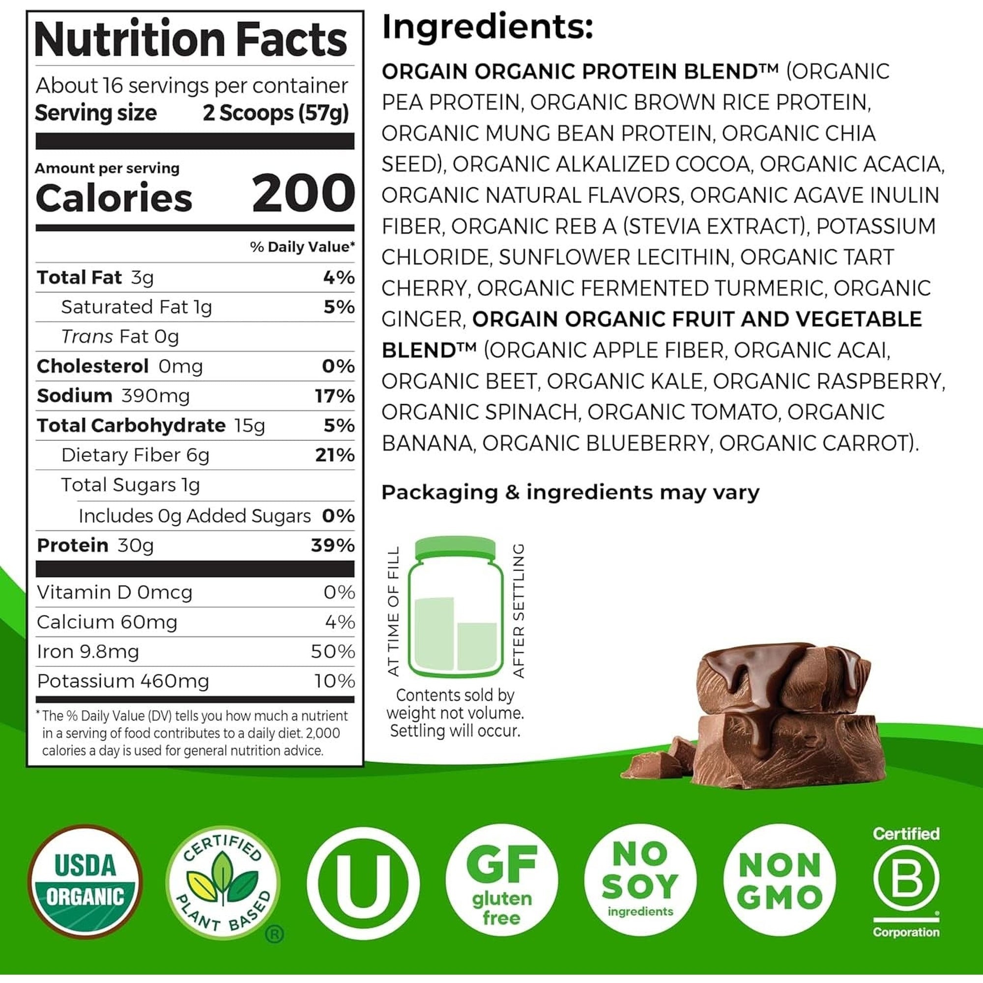 Orgain Organic 30G Vegan Protein Powder, Chocolate 9G Eaas + Bcaas, Plant Protein, 6G Prebiotic + Fiber, 1G Sugar, Pre-Workout, Muscle Support + Recovery - 2.01Lb (Packaging May Vary)